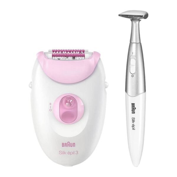 Braun Silk-epil 3 Epilator & Bikni Hair Trimmer For Legs & Body, White & Pink, 3202