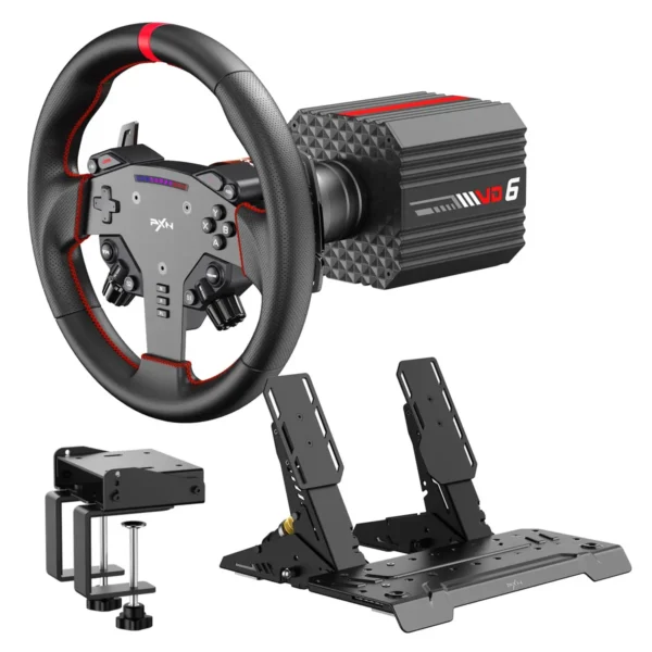 PXN VD6 Bundle PC Steering Wheel and Pedals – 6 Nm Direct Drive Servo Motor Base, W AS Racing Wheel, Hall Effect 2-Pedal Set, and Table Clamp